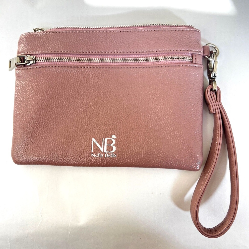 Nella Bella Wristlet Purse Vegan Leather Hand Strap Dusty Rose Pink 3 Pockets